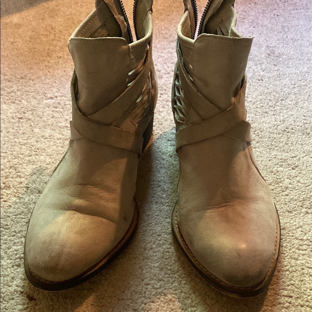 Tan Ankle Boots with Strap Detail and Rounded Toe